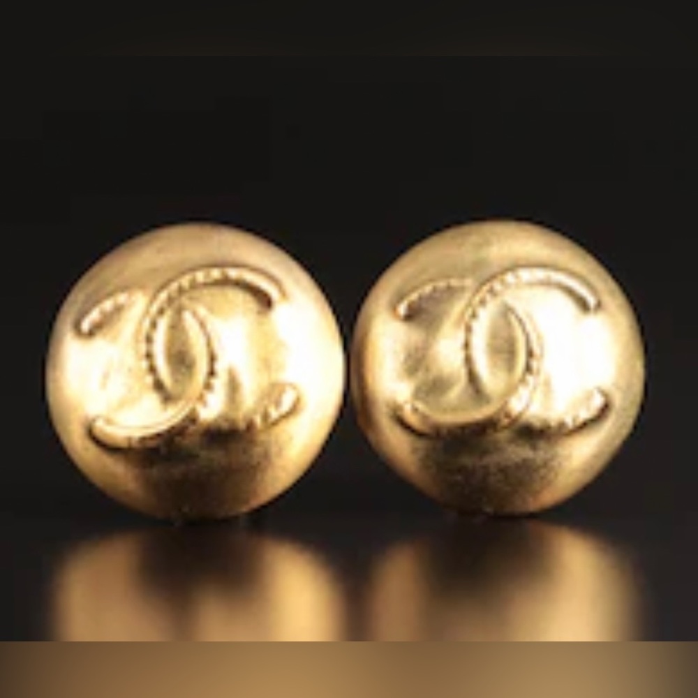 Vintage Chanel 95P Gold Logo Button Earrings.